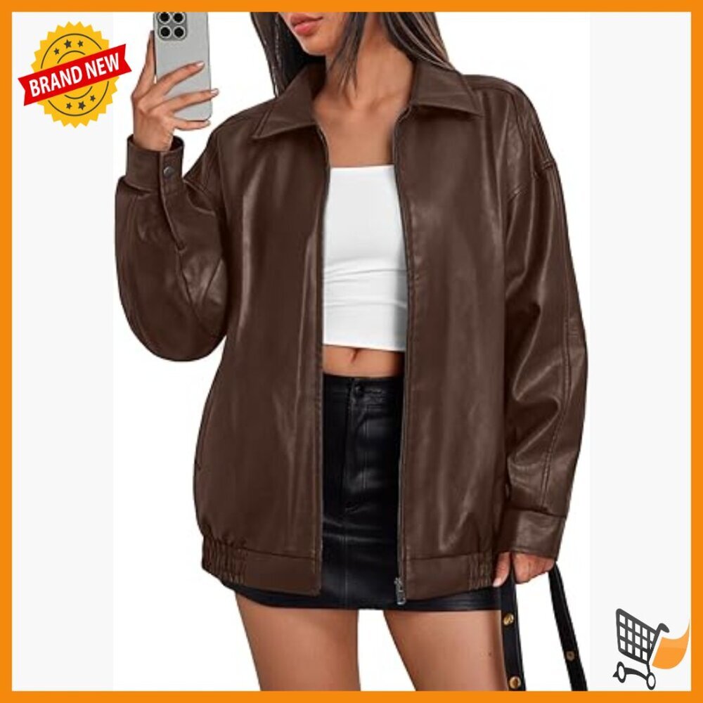 Oversized Faux Leather Bomber Moto Jacket, Women's Long Sleeve Zipper Coat